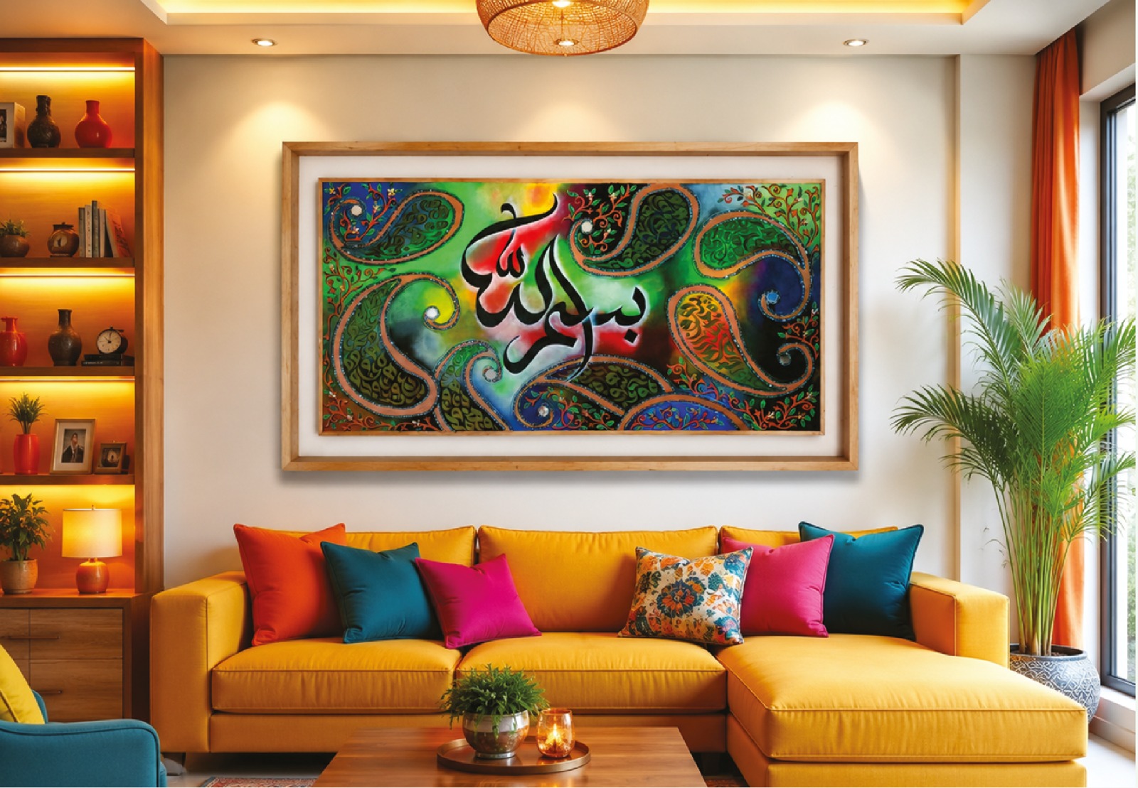 Title: Bismillah Calligraphy Medium: Acrylic on Canvas Frame: Wooden Frame Size: 42" x @4" Price: 10000 BDT (Ten Thousand Taka only)